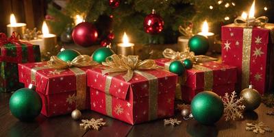 The primary subject of the image is a table with a variety of wrapped presents. The table is set against a backdrop of a Christmas tree, which adds to the festive atmosphere. The presents are wrapped in red and gold paper, and they are adorned with gold ribbons. The overall visual style of the image is a combination of photo and digital art, creating a warm and inviting mood.